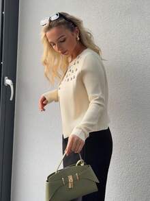 Jeta Ari 珠饰水钻针织开衫 - 杏色 - 查看 5