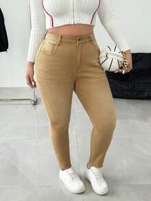 SHEIN ICON Quần jean nữ dáng ôm, túi cài nút, mặc hàng ngày, size lớn - Màu Khaki - Xem 6