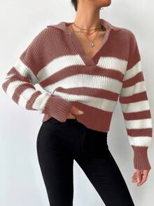 EURMUSE Striped Pattern Drop Shoulder Sweater - Rusty Rose - View 3