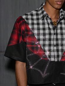 NEON BLANC Men's Summer Fashion Colorblock Plaid Rhinestone Spider Web Print Shirt - Grey - View 4