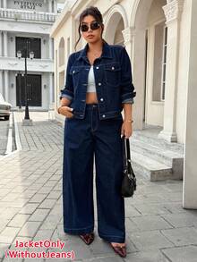 SHEIN ICON Plus Size Casual Fashion Denim Jacket With Cuff Buttons, Distressed Look