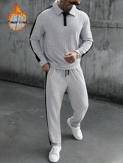 Manfinity CasualCool Men's Colorblock Ribbed Crew Neck Sweatshirt Set Casual Two Piece Set Men Men Knitted Set Men Co Ord Set Men Sweatsuit Set Men Joggers Suit Old Money,Daily Leisure, Weekend Trips, Outdoor Activities, Travel Expeditions, Relaxed Work Environments Or Semi-Formal Occasions, Boyfriend/Husband Gift, Anniversary /Birthday Gift Party Christmas New Years