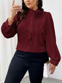 SHEIN Women Plus Size Elegant 3D Floral Decorated Ruffle Collar Blouse, Autumn For New Year Clothes,Valentine - Burgundy - View 6