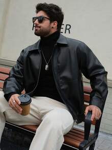 DAZY Men's Thick Black Loose PU Fabric Jacket, Autumn/Winter Leather Jacket - Black - View 7