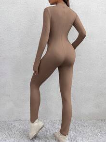 SHEIN PETITE 女款摩卡棕布料連身衣 短版 立領拉鍊設計 小碼女款 - 摩卡棕 - 查看 2