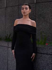 Andrea Bello 性感优雅紧身长袖扭纹后背开口美人鱼下摆弹力针织连衣裙，白色女款，秋冬超长女装 - 黑色 - 查看 6