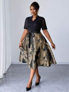 Maweii Elegant Plus Size Knitted A-Line Dress With Notched Neck And Half Sleeves Knee Length Flared Multicolor Plants Pattern - Multicolor - View 2
