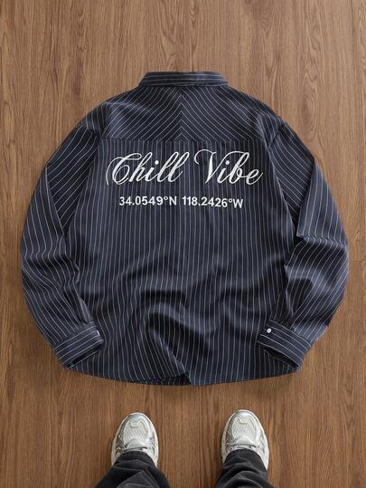 EASEVO Plus Size Herr Randig Broderad Bokstav Långärmad Skjorta