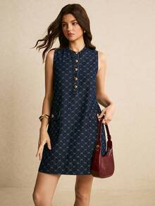 Poéselle 女士压花纽扣口袋休闲百搭无袖牛仔连衣裙 - 深色水洗藍 - 查看 5