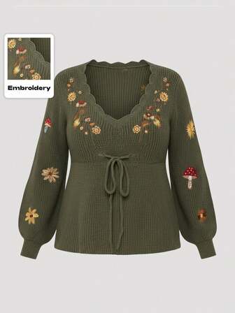 Fairycore Suéter elegante de talla grande con estampado vintage de amapolas, setas, flores silvestres y botánico, suéter de otoño/invierno de talla grande de color verde oliva para mujer