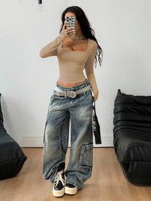 Coolane 女式夏季简约 Y2K 基本款日常休闲辣妹弹力舒适灰色紧身方领长袖 T 恤 - 卡其色 - 查看 2