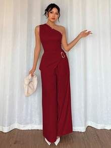Rafferiza 两件套女士不对称肩部优雅通勤休闲套装 - 紅色 - 查看 6