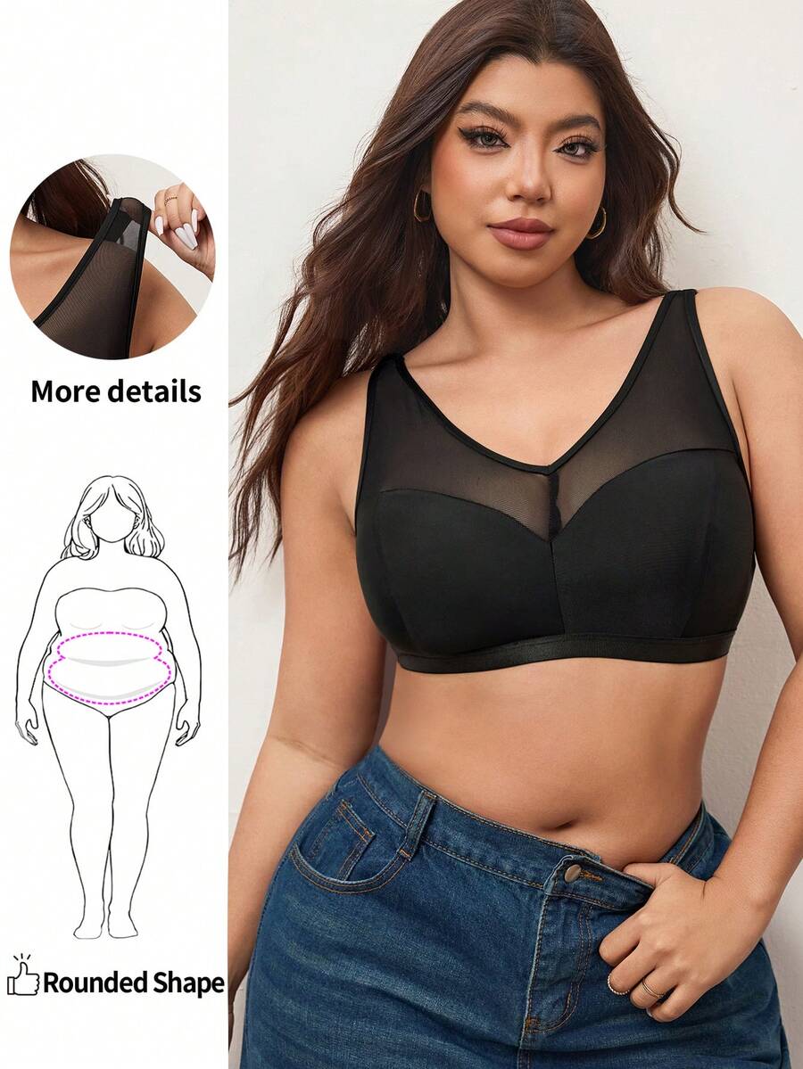 Enliva Top sexy la modă, din plasă transparentă, model patchwork, pentru femei de mărime mare, pentru forme rotunjite ale corpului - Negru - Vizualizare 1