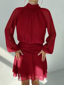 Aloruh Women's Elegant Commuter Solid Color Lantern Sleeve Mini Dress High Neck Dress - Burgundy - View 7