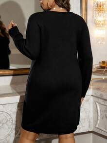 EMERY ROSE Robe pull en tricot élégante et décontractée pour femmes grandes tailles, de couleur unie avec col rond, broderie de sequins. Convient pour Noël, Halloween, la rentrée, les vacances romantiques et le bureau - Noir - Voir 2