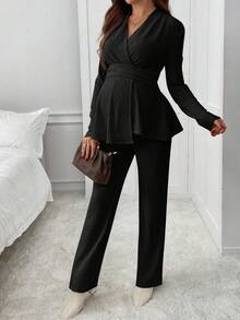 SHEIN 2件套孕妇纯色裹身长袖上衣和裤子优雅套装 - 黑色 - 查看 6