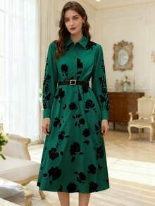 Franclia Women's Collared Cinched Waist Waist Printed Long Tunic Dress, Elegant For Commuting And Social Occasions