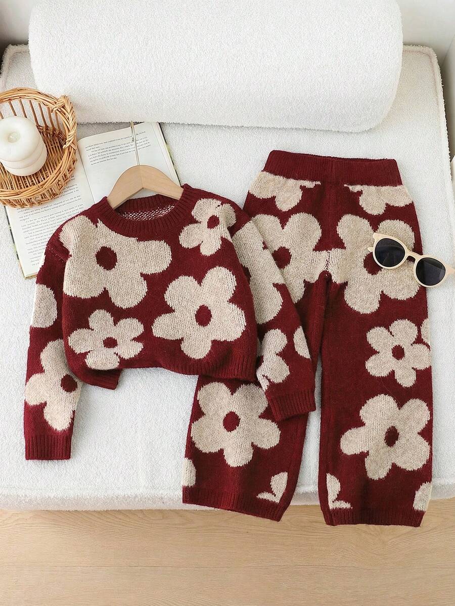 SHEIN Playful Pals Toddler Girls Cute Vintage Style Floral Print Knit Sweater & Loose Pants 2pcs Set,Kids Long Sleeve Flower Sweater Sets,Young Girl Burgundy,Autumn - Redwood - View 1