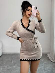 Rafferiza Váy dệt kim cổ chữ V thắt lưng cho nữ, tay dài thời trang và đa năng - Màu Khaki - Xem 5