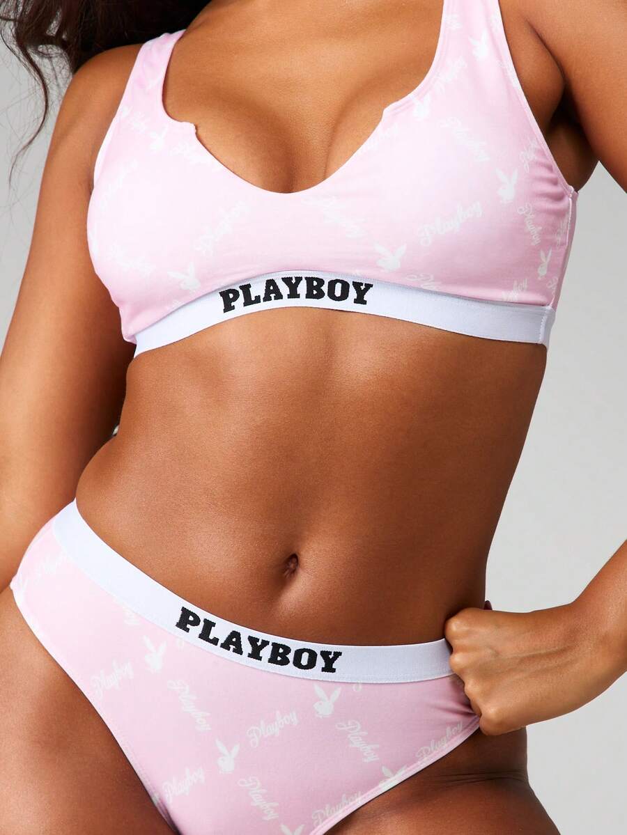 Missguided x Playboy Printed Sports Bra And Panty Set With Bunny Logo Elastic Band Design Cute Lounge Set