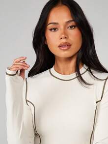 MISSGUIDED Áo crop top thể thao tay dài có đường khâu tương phản, áo tập luyện thể thao cổ tròn, đồ tập thể thao cho phòng tập thể dục, chạy bộ - Kem - Xem 5