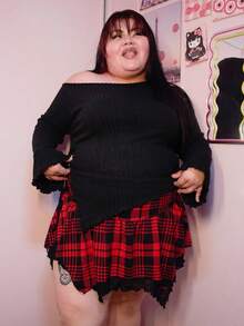 Enliva 大码女式黑色抽绳不对称下摆喇叭袖 T 恤、露肩 T 恤、秋季女装、舒适 T 恤 - 黑色 - 查看 6