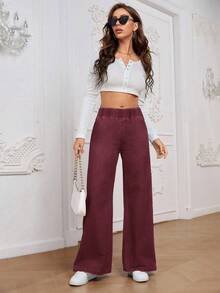 EMERY ROSE Women's Elastic Waist Wide Leg Loose Casual Versatile Jeans - Burgundy - View 4