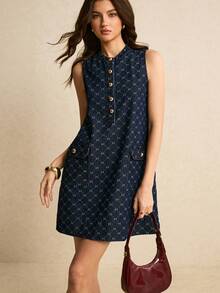 Poéselle 女士压花纽扣口袋休闲百搭无袖牛仔连衣裙 - 深色水洗藍 - 查看 3