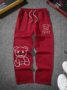 Manfinity Roghcode Loose Men's Cartoon Bear Printed Drawstring Waist Sweatpants - Burgundy - View 3