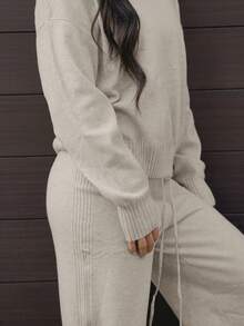 SAYEHFBABY Drop Shoulder Sweater & Drawstring Waist Knit Pants, 2 Pieces Sweater Set Fall Winter Cloth For Women - Olive Green - View 4