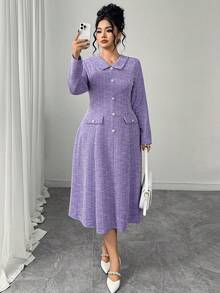 Elenzga Đầm tay dài đính nút ngọc trai cỡ lớn cho nữ, thanh lịch cho tiệc tùng, trà chiều, tiệc năm mới - Màu tím hoa cà - Xem 3