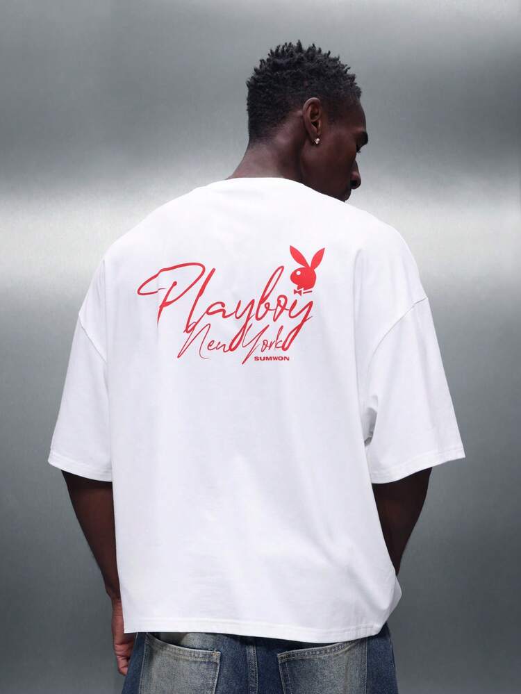 PLAYBOY X SUMWON Men's Graphic Print Boxy Fit Elbow Length Sleeve Crew Neck Casual Cotton Blend Tee Shirt Relaxed Streetwear Top