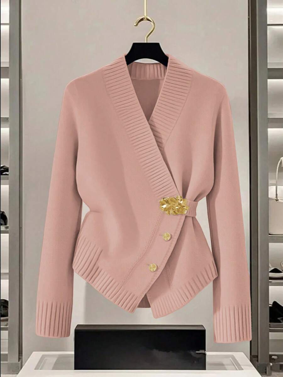 GlowEve Women's Blue Sweater, New Autumn/Winter Metal Button Asymmetrical Closure Cardigan, Versatile Commuting Style - Dusty Pink - View 1