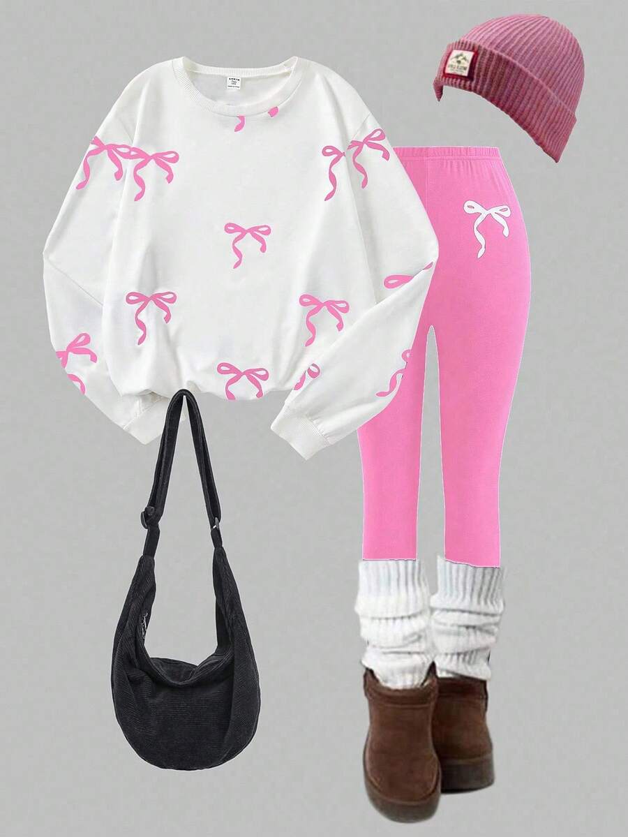 Sparklyn Bộ đồ nỉ cho bé gái tuổi teen, Thu/Đông mới, In kỹ thuật số màu trắng, Áo nỉ cổ tròn nơ đen, Quần bó màu hồng, Trang trí nơ trắng, Vừa vặn thoải mái cho mùa thu - Nhiều màu - Xem 1