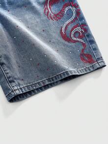 ROMWE MEN Street Life Men's Loose Fit Rhinestone Dragon Denim Shorts Spring/Summer - Blue - View 5