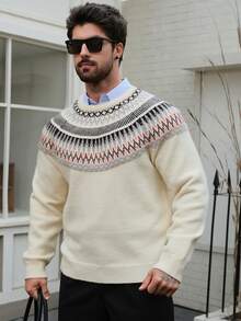 DAZY Men's Geometric Pattern Jacquard White Crew Neck Sweater, Autumn - Multicolor - View 4