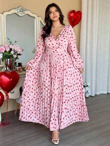 Vionelle Valentine Heart Print Flowy Romantic V-Neck Long Sleeve Pleated Maxi Dress, Elegant Occasion Dress For Spring, Fall, Winter, Vacation, Birthday, Date - Multicolor - View 5
