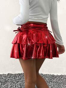 Coolane Kids 少女粉紫色亮面抽绳腰褶裥及膝半身裙，休闲街头风 - 紅色 - 查看 4