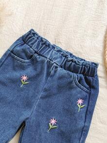 SHEIN Vintaside Kids Baby Girl Floral Embroidered Tapered Jeans, Autumn/Winter 2025 - Blue - View 8