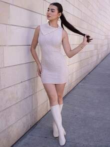 Andrea Bello Women's Sleeveless Textured Turtleneck Fitted Sweater Dress For Casual Wear, Autumn/Winter - Grey - View 1