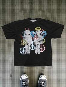 Men's Character Print Round Neck Short Sleeve Casual T-Shirt - Black - View 1