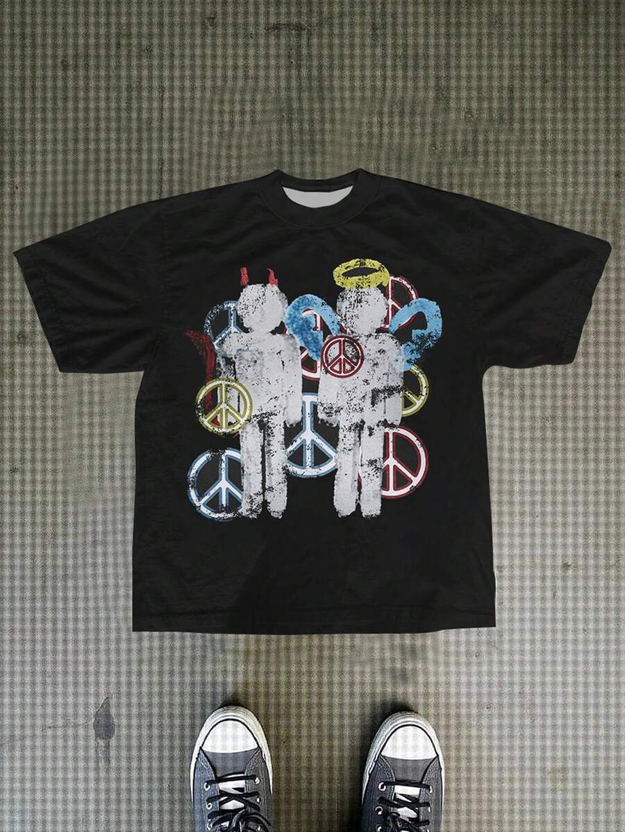 Men's Character Print Round Neck Short Sleeve Casual T-Shirt - Black - View 1