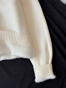 GlowEve 秋冬新款毛绒里衬翻领长袖柔软舒适休闲时尚优雅百搭女士毛衣 - 杏色 - 查看 4