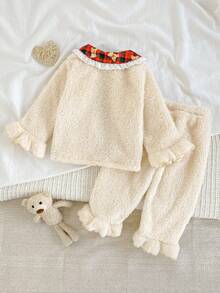 Set pigiama da 2 pezzi per bambine, con cardigan in morbido pile e pantaloni. Grafica carina di orsetti, blocchi di colore a contrasto, bordo in pizzo floreale, maniche lunghe, pantaloni lunghi, abbigliamento da casa, autunno/inverno - Albicocca - Visualizzare 2