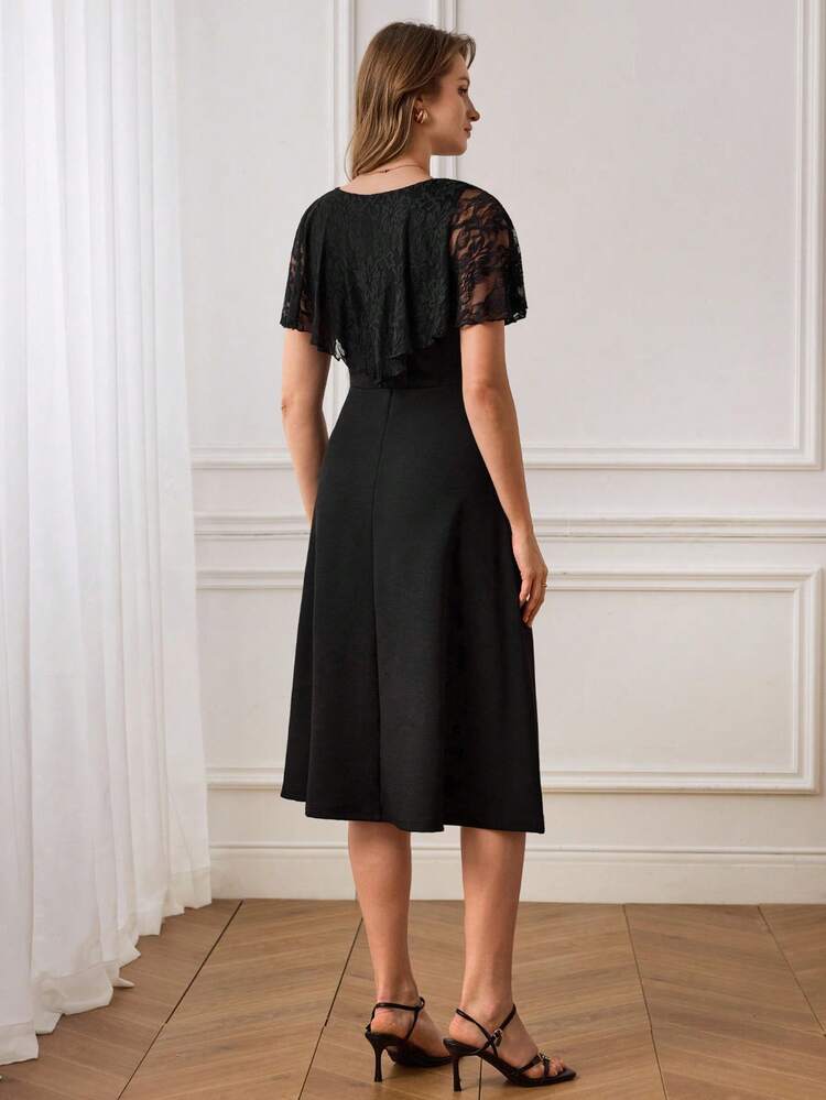 This Elegant Women's Dress, In Classic Black, Is Perfect For Both The Sophisticated Atmosphere Of New Year's Gatherings And The Romantic Ambiance Of Valentine's Day. The Floral Pattern Features A Delicate Lace Shawl Design On The Shoulders, Exuding A Refined And Feminine Charm. The V-Neck, Fitted Waist, And A-Line Skirt Design Flatter The Figure And Accentuate Elegant Curves, While The Lace Adds A Touch Of Lively Gentleness. Suitable For Spring And Autumn, It Can Be Layered Under A Coat Or Worn Alone For A Stylish Look. Perfect For Occasions Like New Year's Family Gatherings And Valentine's Day Dates, This Dress Combines The Sophistication Of A Black Dress With The Femininity Of Lace To Showcase Fashionable Taste. It's A Stylish And Sophisticated Piece To Add To Your New Year's And Valentine's Day Wardrobe.
