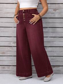 EMERY ROSE Plus Size Women Casual Versatile Wide Leg Button Pocket Jeans - Burgundy - View 9