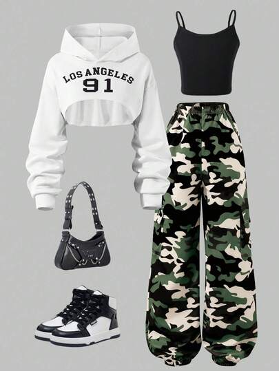 Sparklyn 3pcs/Set Camouflage Pattern Sweatshirt Top & Camisole & Drawstring Hem Pants Set For Teenage Girls, Casual Wear For Spring & Autumn