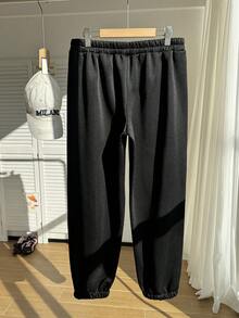 Comfortcana 加大碼實色彈性腰黑色運動長褲