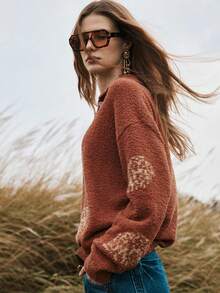Florisole Women's Thick Jacquard Pattern Knitted Pullover Sweater With Button Decor, Casual Base Layer For Autumn/Winter - Camel - View 4
