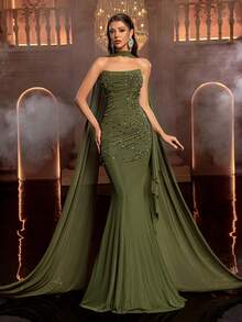 Glamrae Váy yếm hở lưng co giãn đính đá Rhinestone thanh lịch, gợi cảm, thích hợp cho đám cưới, tiệc tùng, kỳ nghỉ, vũ hội và sự kiện trang trọng - xanh quân đội - Xem 7